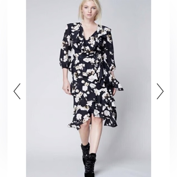 ALICE AND OLIVIA KYE RUFFLE FLORAL PRINT CREPE MIDI DRESS SIZE 12 - Picture 2 of 16